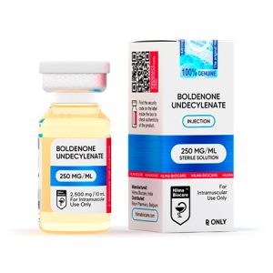 Pharmaceutical vial containing Boldenone Undecylenate, 250 milligrams per milliliter, produced by Hilma Biocare