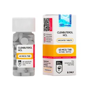 Pharmaceutical bottle of Clenbuterol, 40 micrograms per tablet, 50 tablets total, manufactured by Hilma Biocare