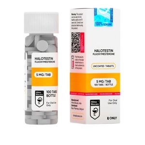 Pharmaceutical bottle of Halotestin, 5 milligrams per tablet, 100 tablets total, manufactured by Hilma Biocare." "Photograph of a container of Halotestin tablets, showing '5mg/tab–100 Tabs' and the Hilma Biocare brand