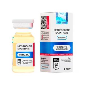 Pharmaceutical vial containing Methenolone Enanthate (Primobolan), 100 milligrams per milliliter, produced by Hilma Biocare