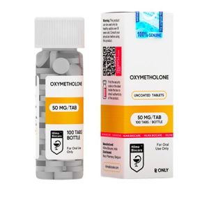 Pharmaceutical bottle of Oxymetholone, 50 milligrams per tablet, 100 tablets total, manufactured by Hilma Biocare