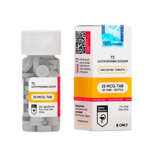 Pharmaceutical bottle of T3-Liothyronine sodium, 25 micrograms per tablet, 50 tablets total, manufactured by Hilma Biocare