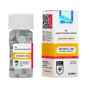 Pharmaceutical bottle of T4-Levothyroxine sodium, 100 micrograms per tablet, 500 tablets total, manufactured by Hilma Biocare