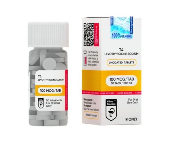 Pharmaceutical bottle of T4-Levothyroxine sodium, 100 micrograms per tablet, 500 tablets total, manufactured by Hilma Biocare